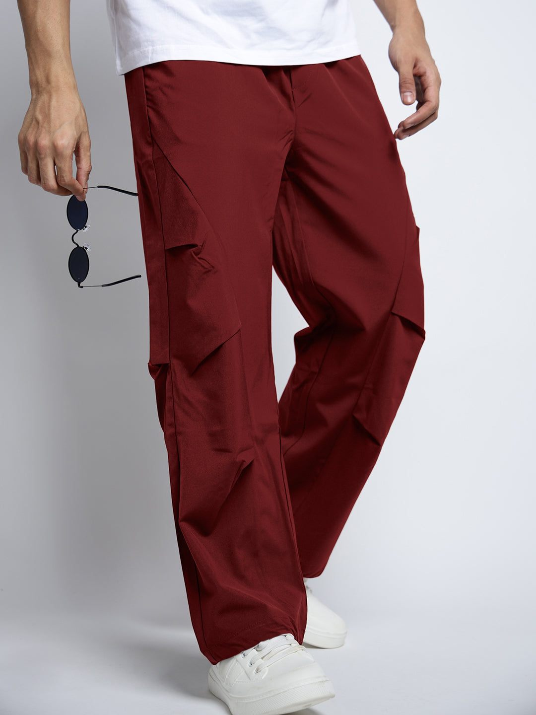 Men's Red Loose Fit Parachute Trousers with Side Stylized Pleats