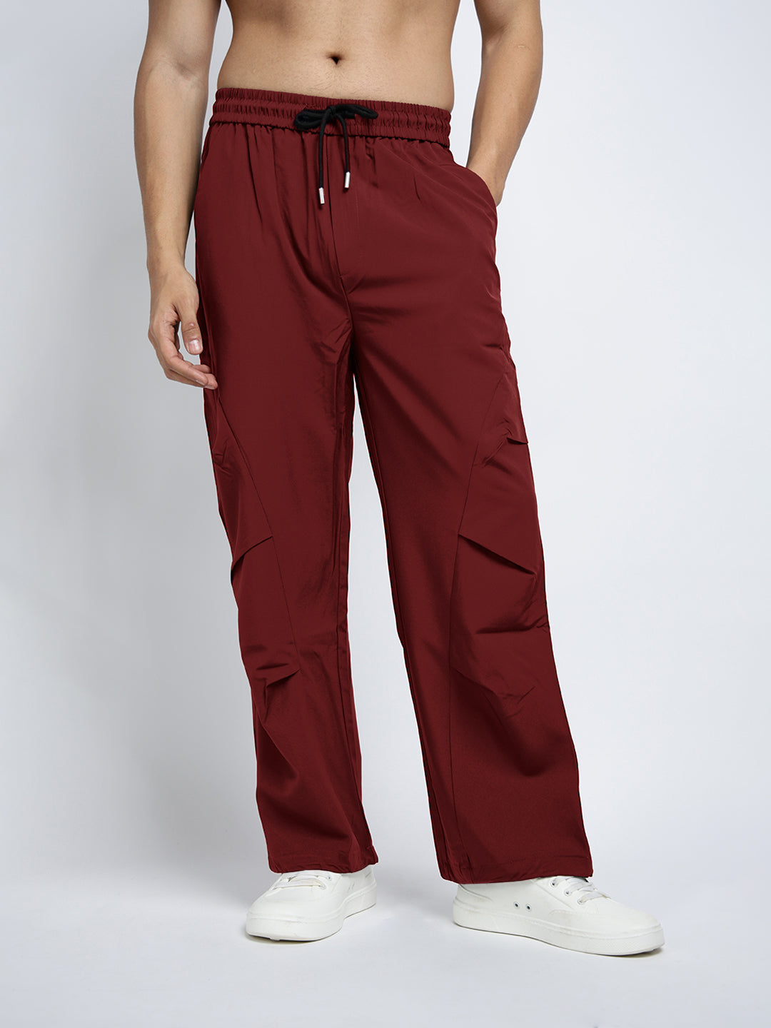 Men's Red Loose Fit Parachute Trousers with Side Stylized Pleats