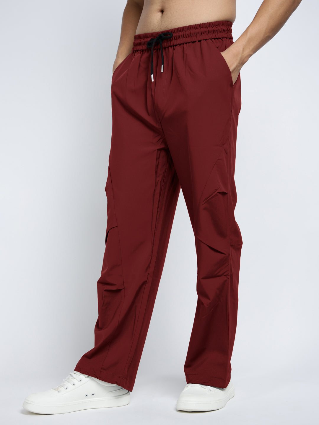 Men's Red Loose Fit Parachute Trousers with Side Stylized Pleats