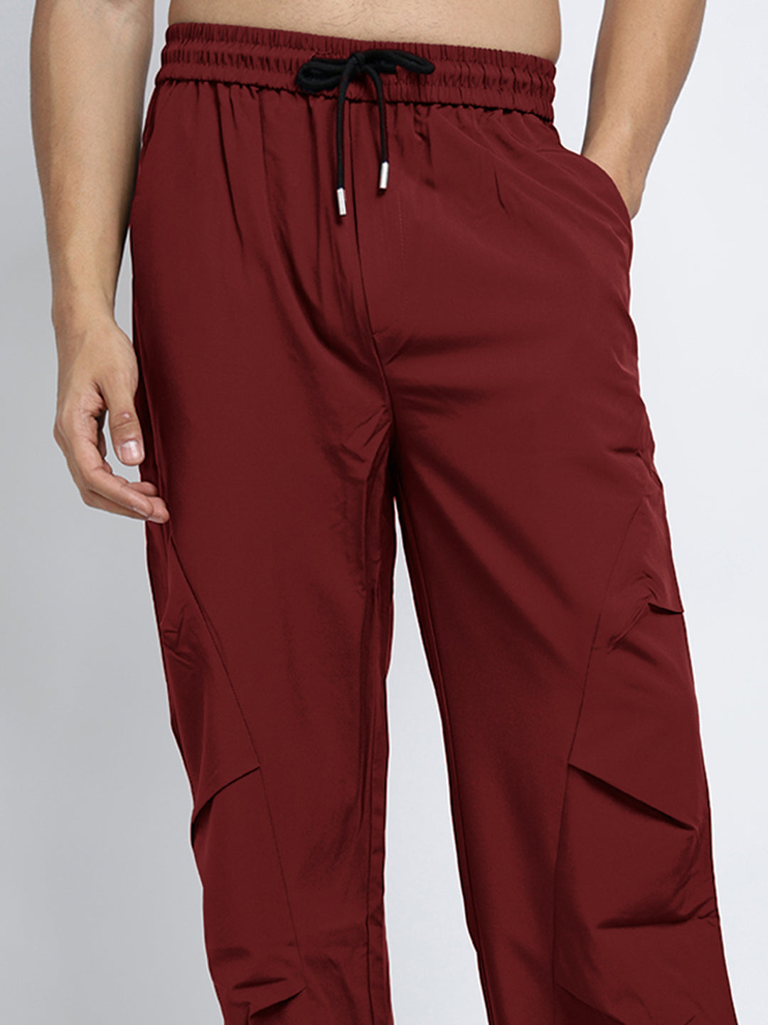 Men's Red Loose Fit Parachute Trousers with Side Stylized Pleats