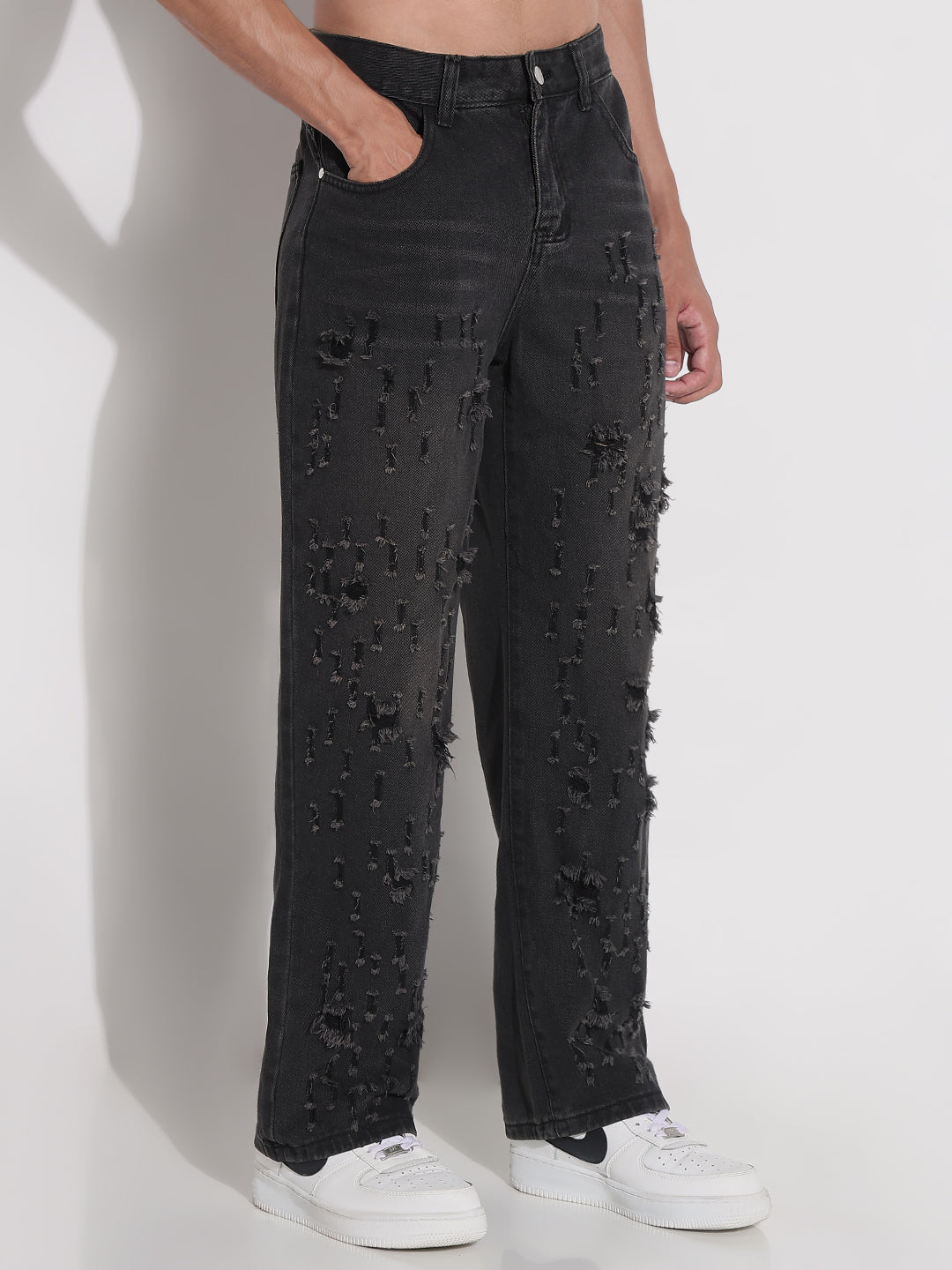Men's Black Distressed Wide Leg Jeans