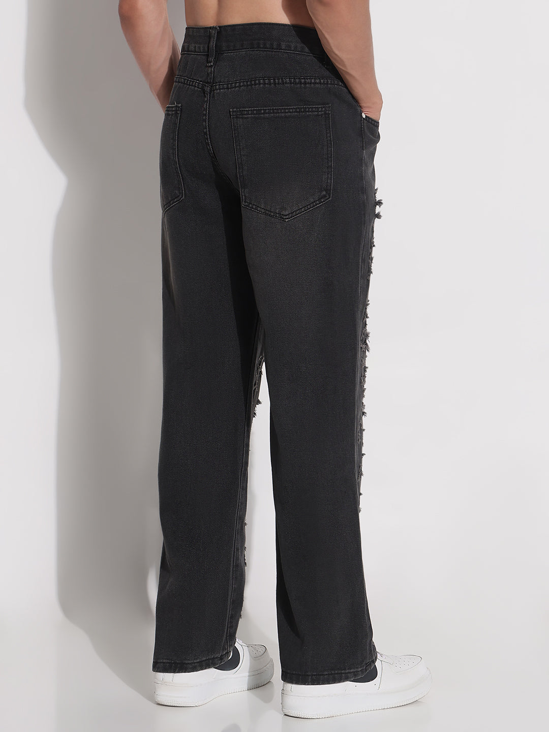 Men's Black Distressed Wide Leg Jeans