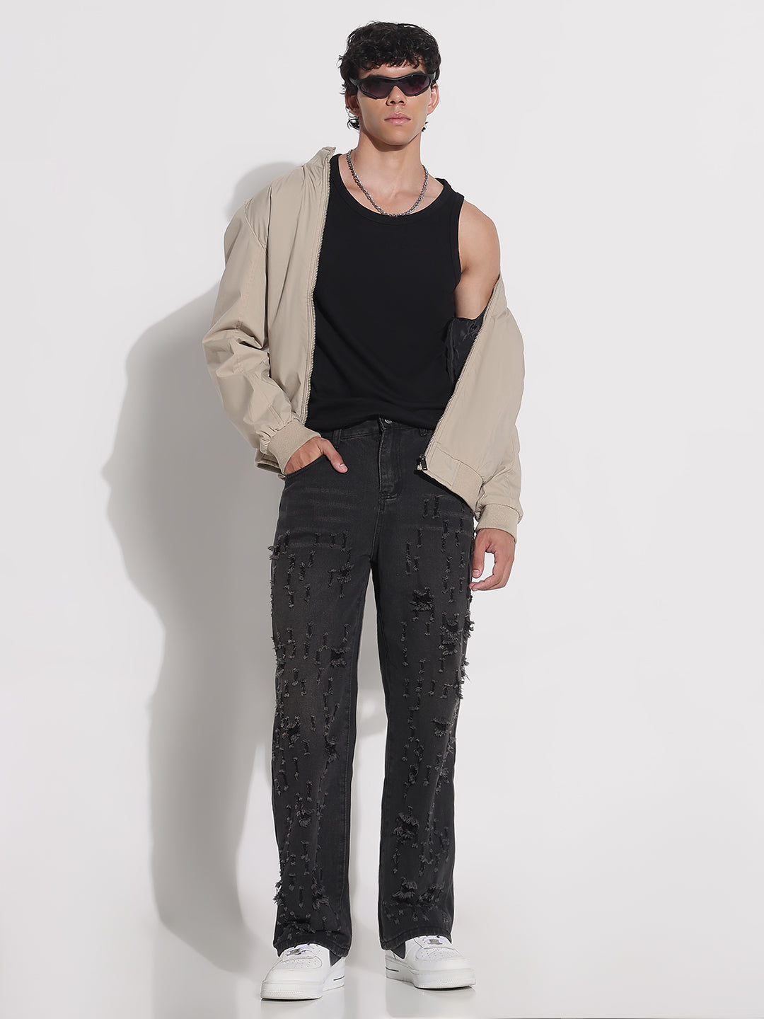 Men's Black Distressed Wide Leg Jeans