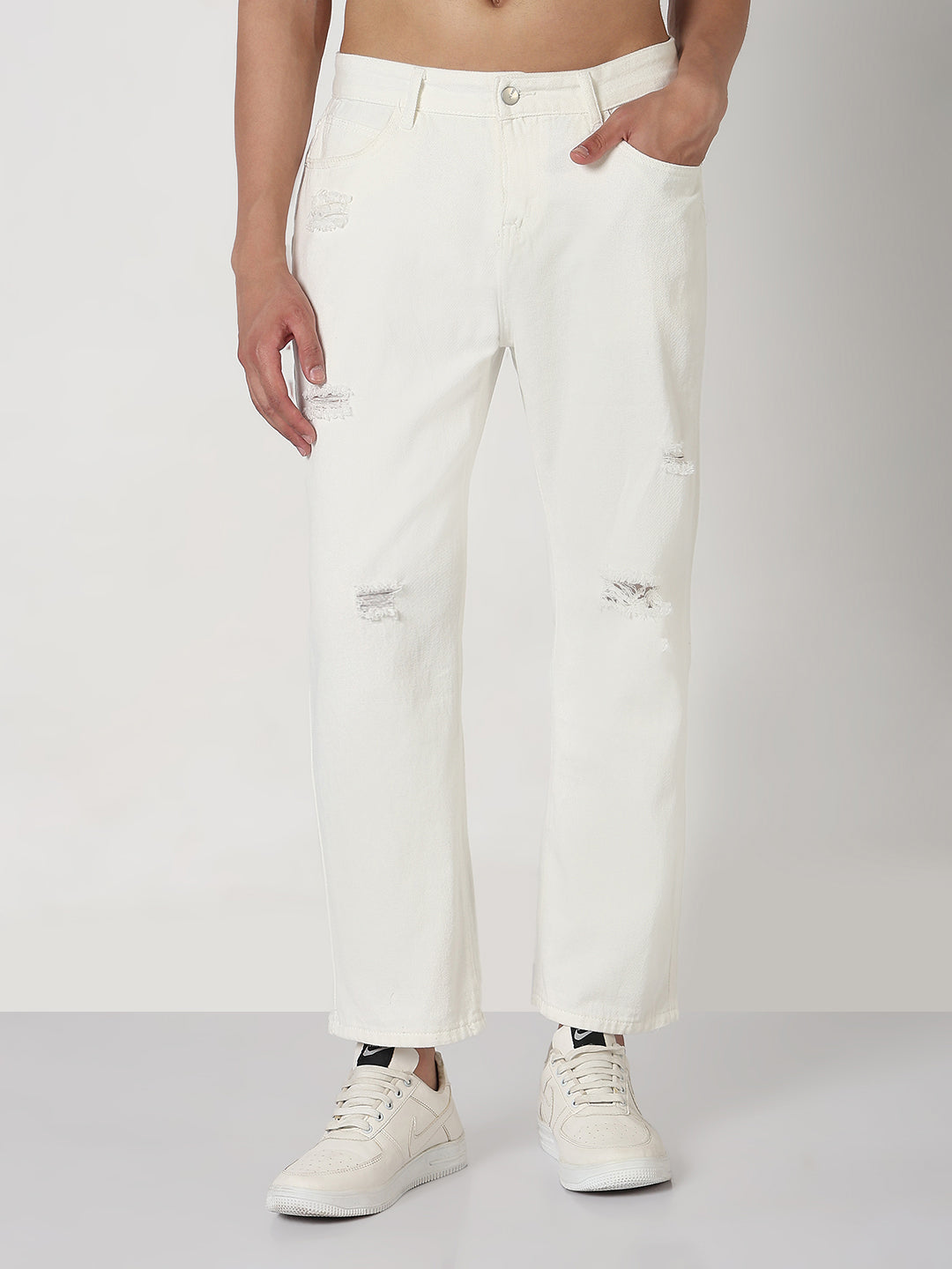 Men's White Distressed Straight Fit Jeans