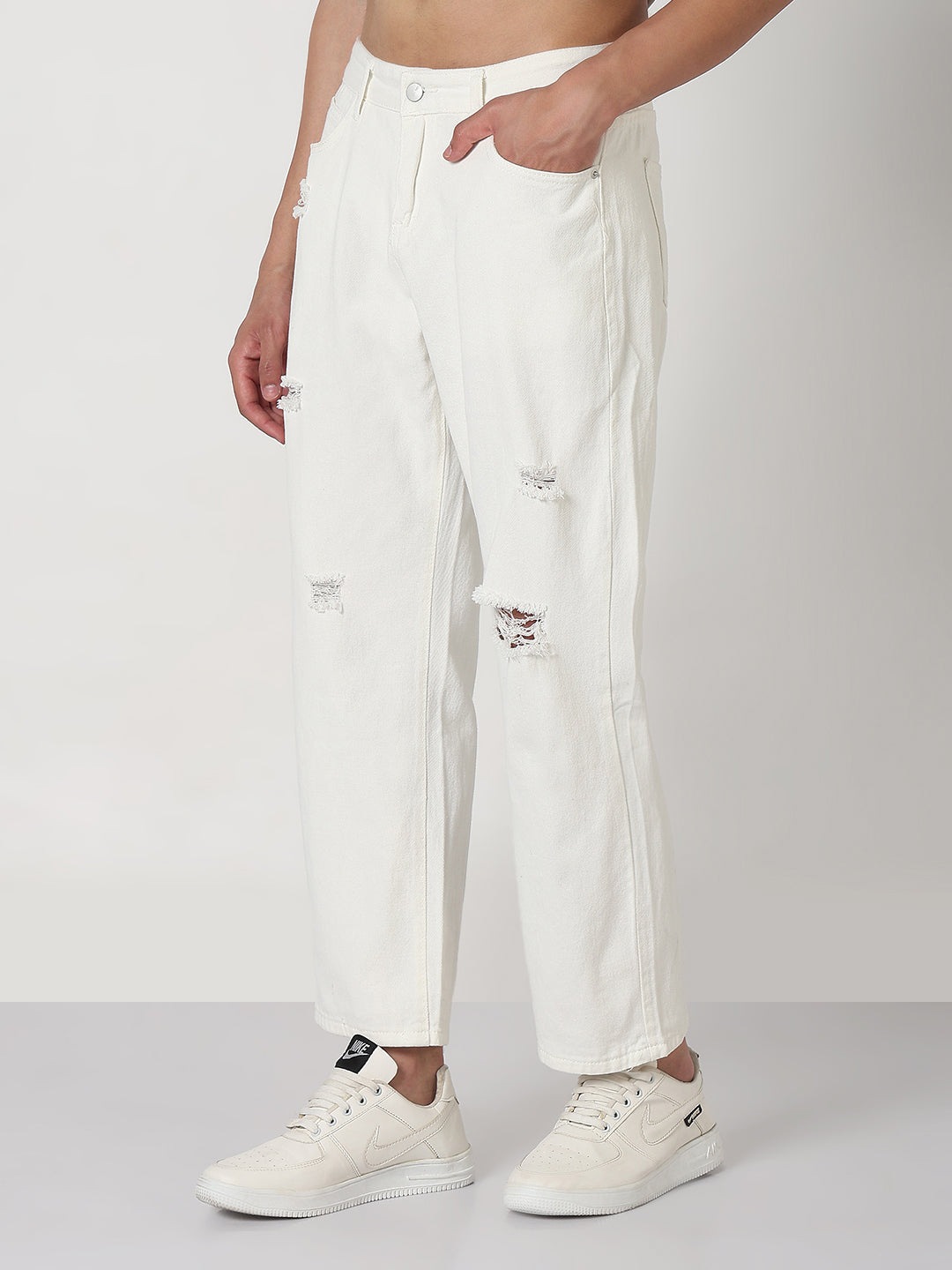 Men's White Distressed Straight Fit Jeans