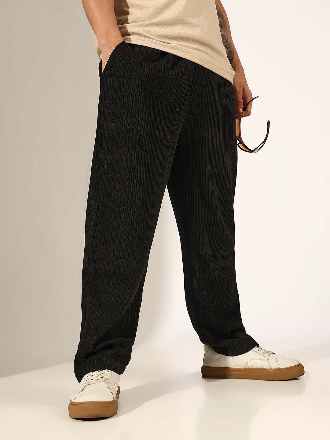 Men's Black Corduroy Relaxed Fit Trousers with Drawstring Waist