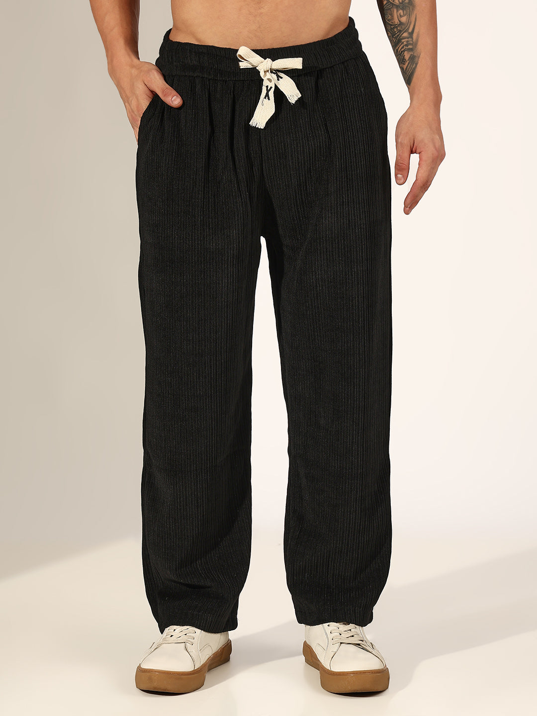 Men's Black Corduroy Relaxed Fit Trousers with Drawstring Waist