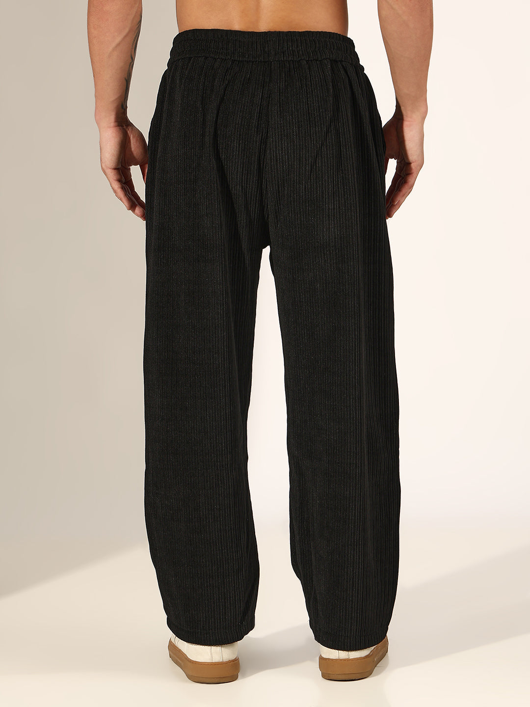Men's Black Corduroy Relaxed Fit Trousers with Drawstring Waist