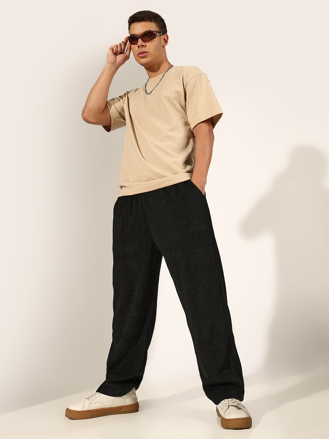 Men's Black Corduroy Relaxed Fit Trousers with Drawstring Waist