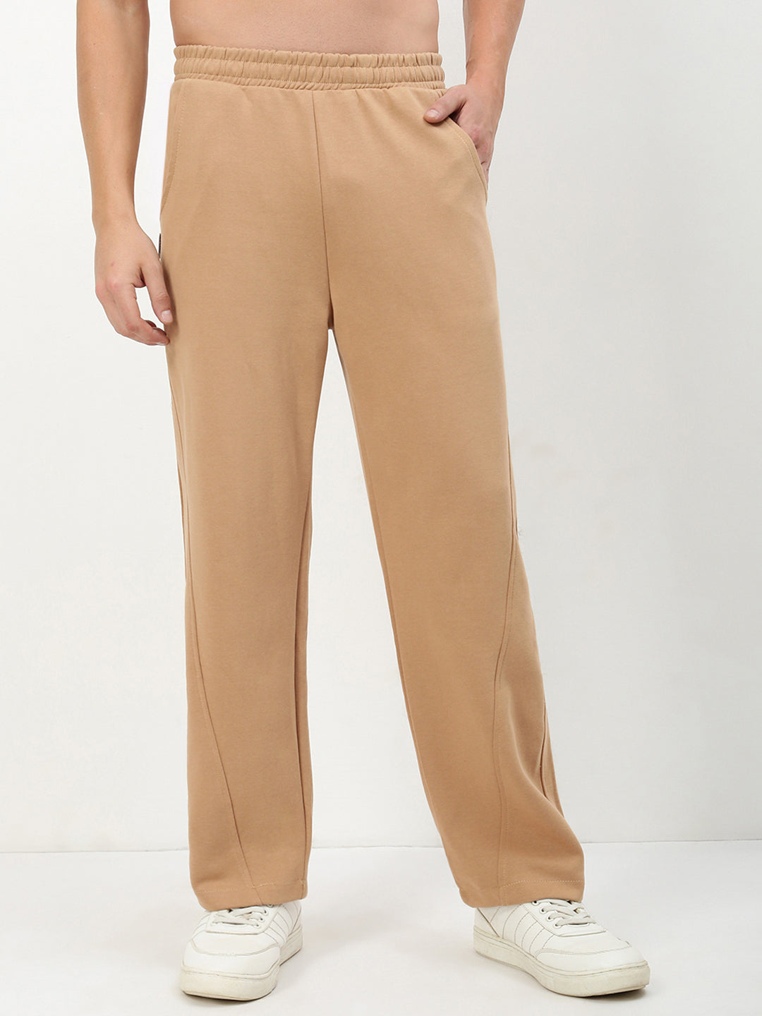 Men Brown Solid Straight Fit Trousers