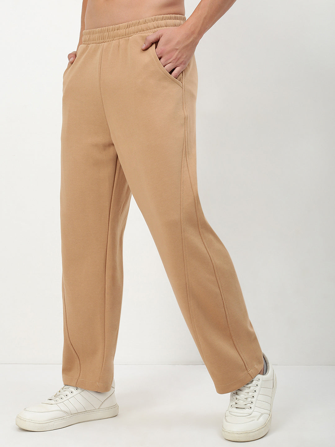 Men Brown Solid Straight Fit Trousers