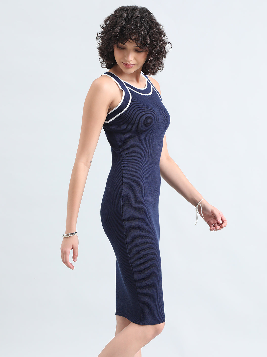 Women's Knit Navy Blue Sleeveless Bodycon Dress with Contrast White Detail