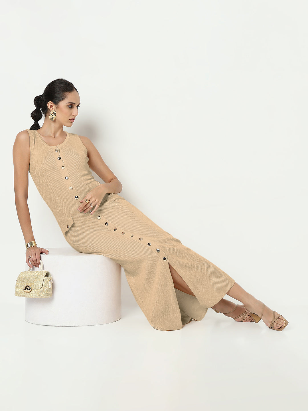 Women’s Beige Sleeveless Button-Down Maxi Dress with Front Slit