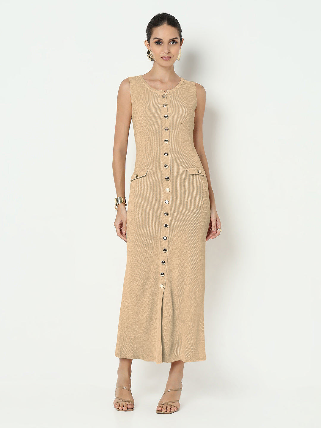 Women’s Beige Sleeveless Button-Down Maxi Dress with Front Slit