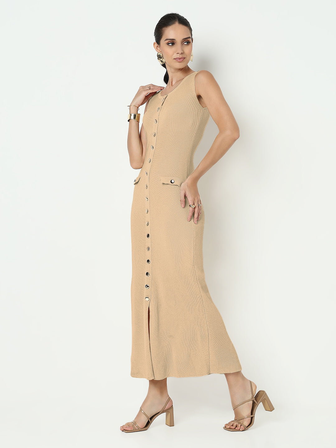 Women’s Beige Sleeveless Button-Down Maxi Dress with Front Slit