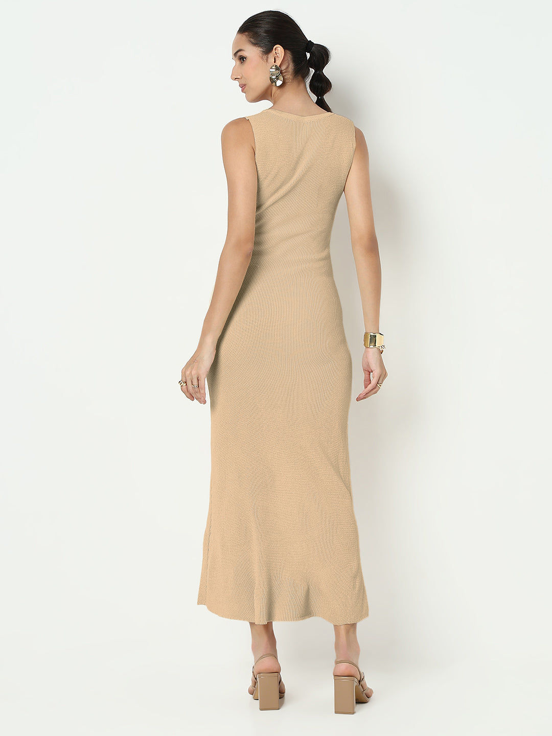 Women’s Beige Sleeveless Button-Down Maxi Dress with Front Slit