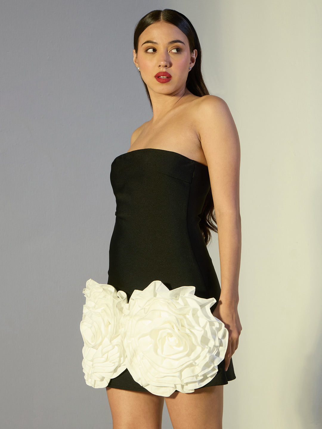 Women's Black Strapless Mini Dress with 3D Rosette Hem