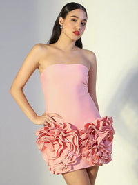 Women's Pink Strapless Mini Dress with 3D Rosette Hem