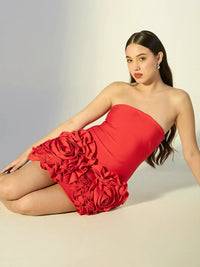 Women's Pink Strapless Mini Dress with 3D Rosette Hem