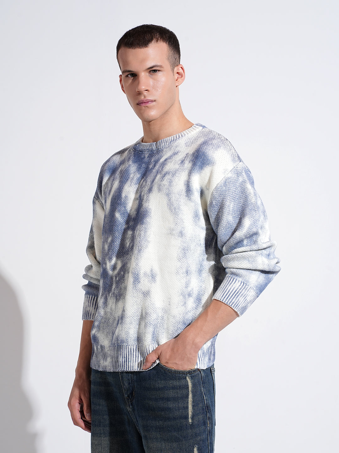 Men's Tie and Dye Blue Crew Neck Regular Fit Sweatshirt