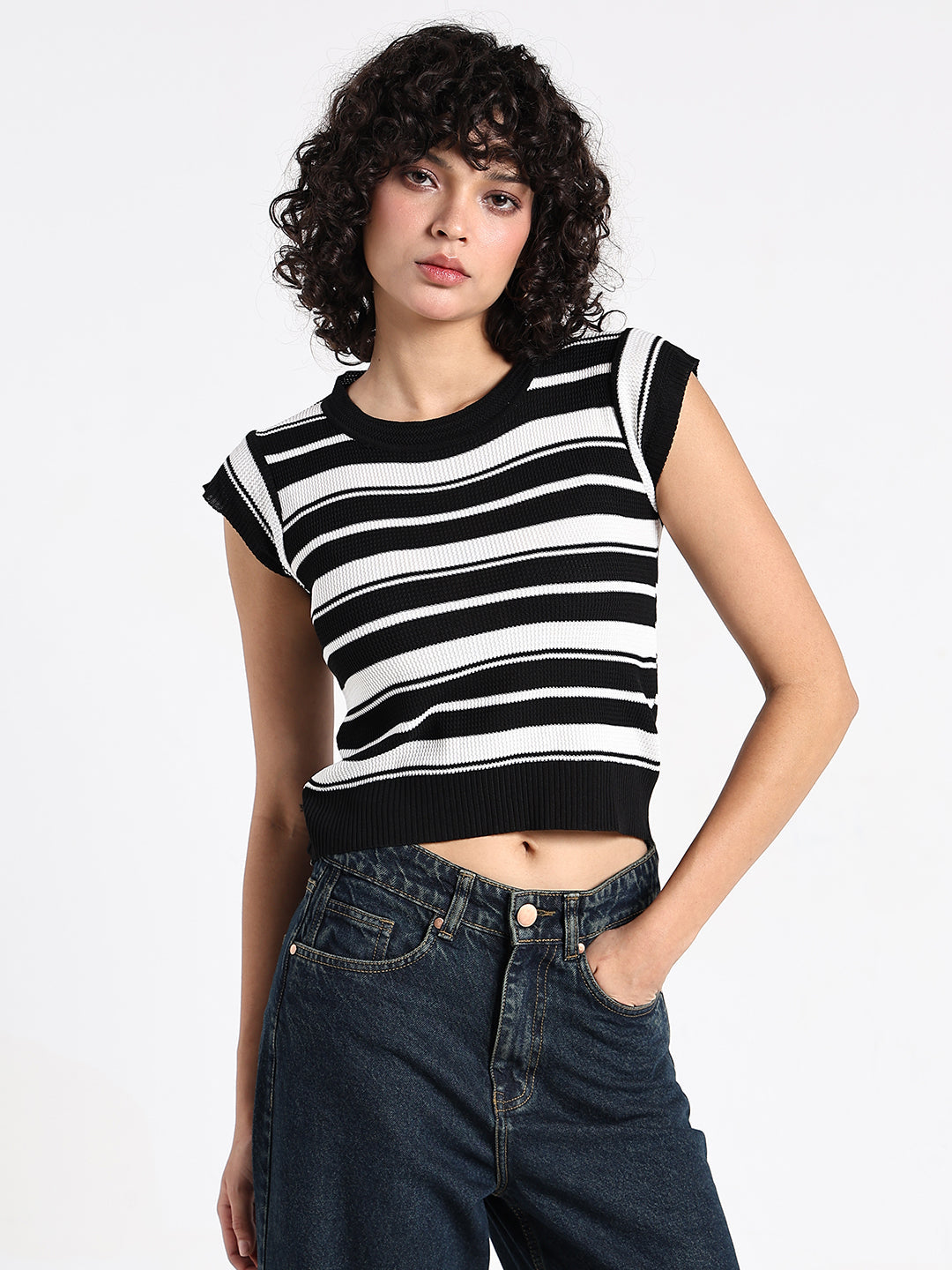 Women's Striped Black Ribbed Fitted Top