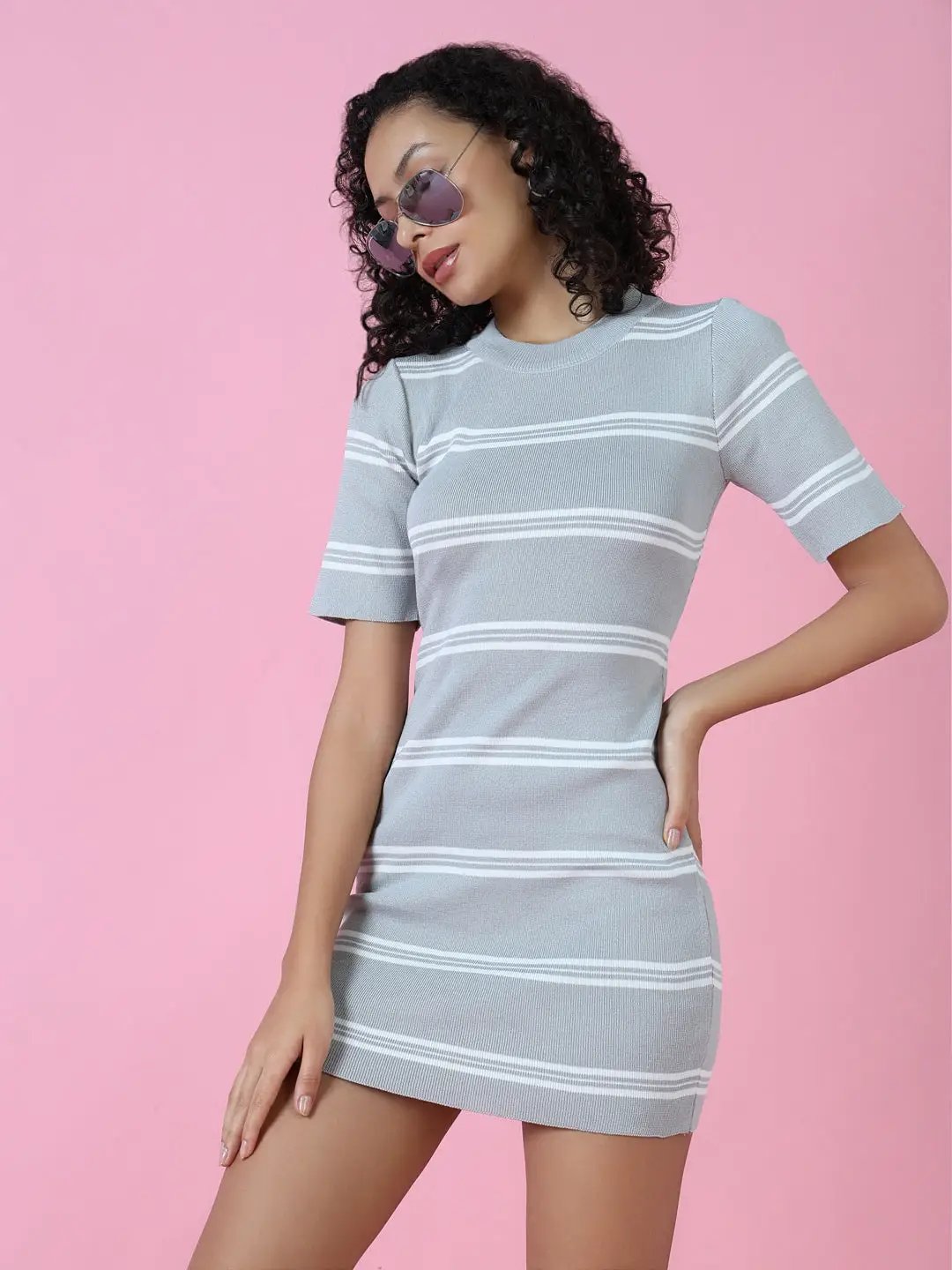 grey striped bodycon dress YESFASHION Womens Plus Size Crew Neck Striped Bodycon Midi Dress Short Sleeve Drawstring Casual Tunic Dresses,2XL,light grey