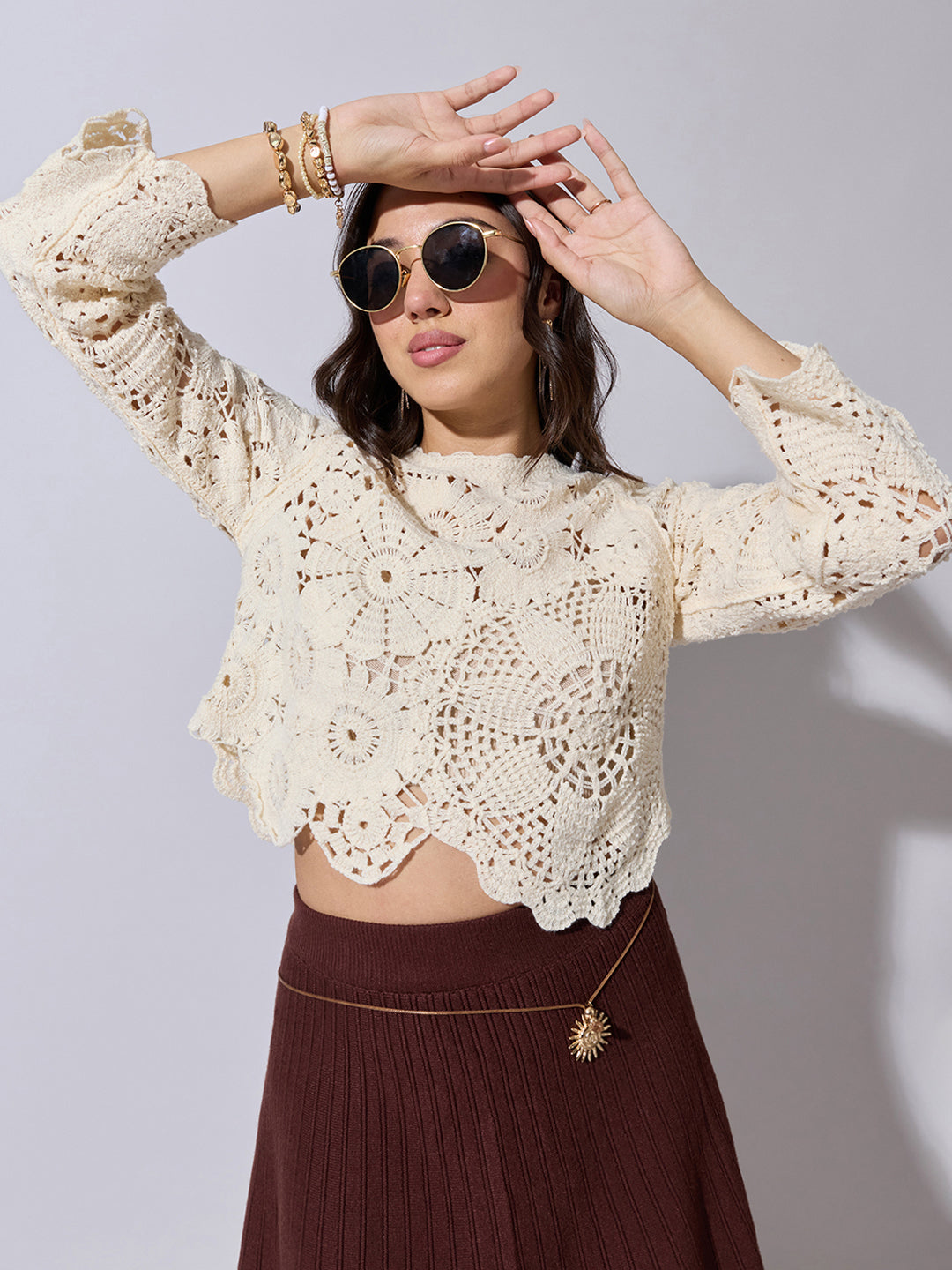 Women's Cream Crochet Long Sleeve Top