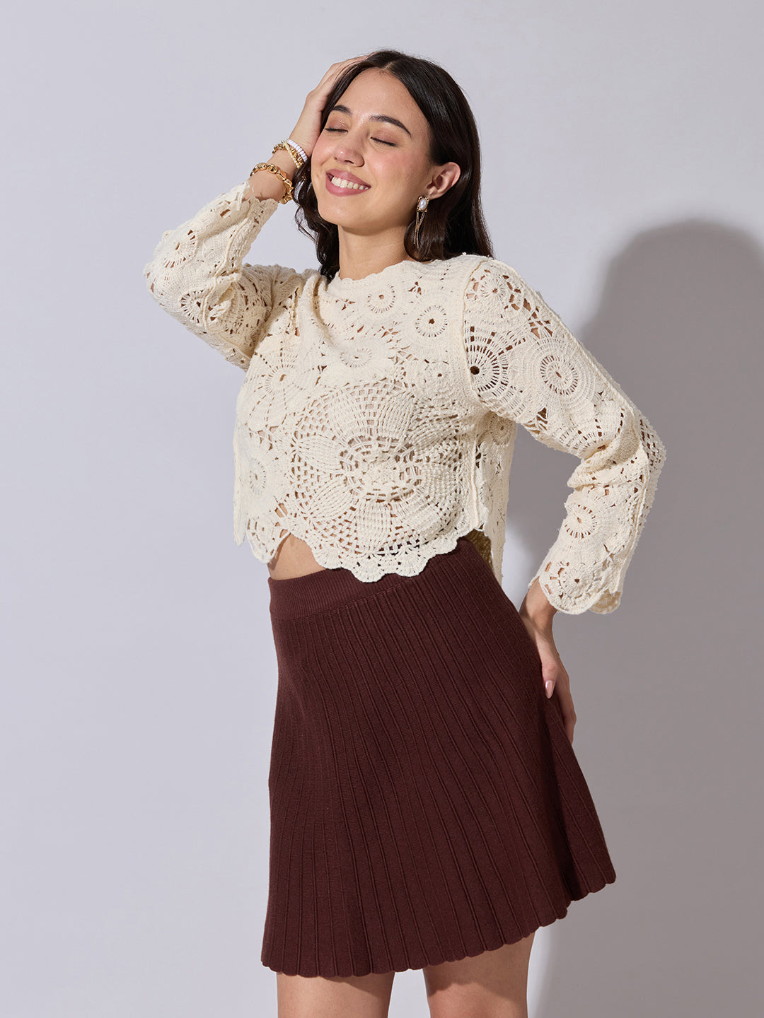 Women's Cream Crochet Long Sleeve Top