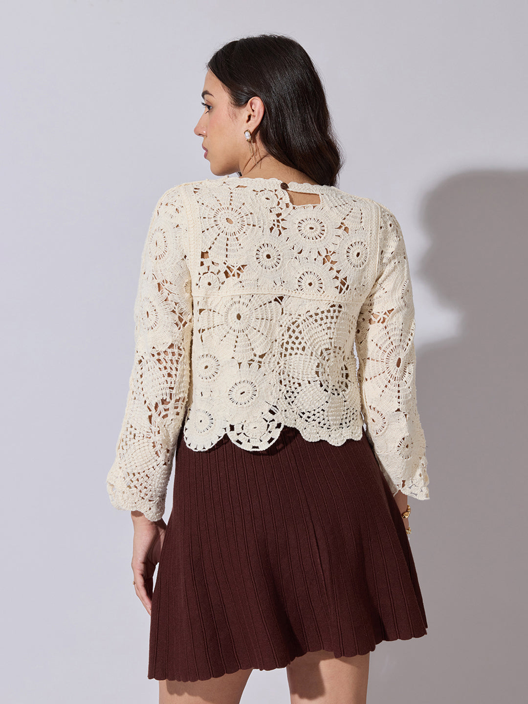Women's Cream Crochet Long Sleeve Top