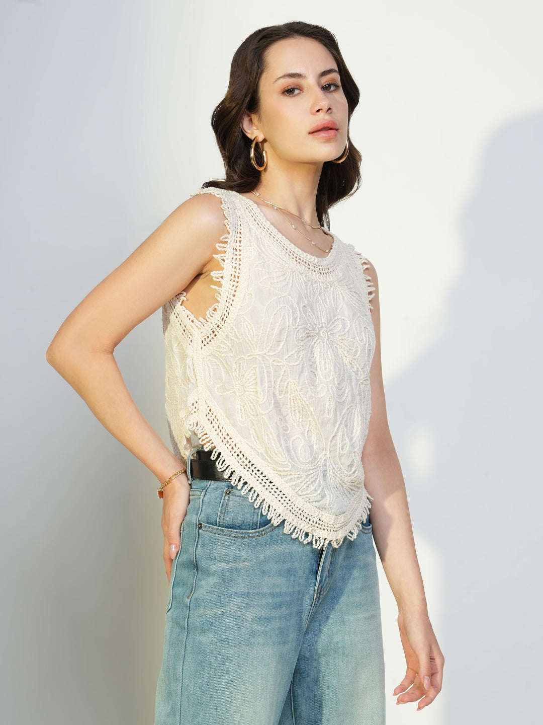 Women's Cream Crochet Sleeveless Top with Fringe Hem
