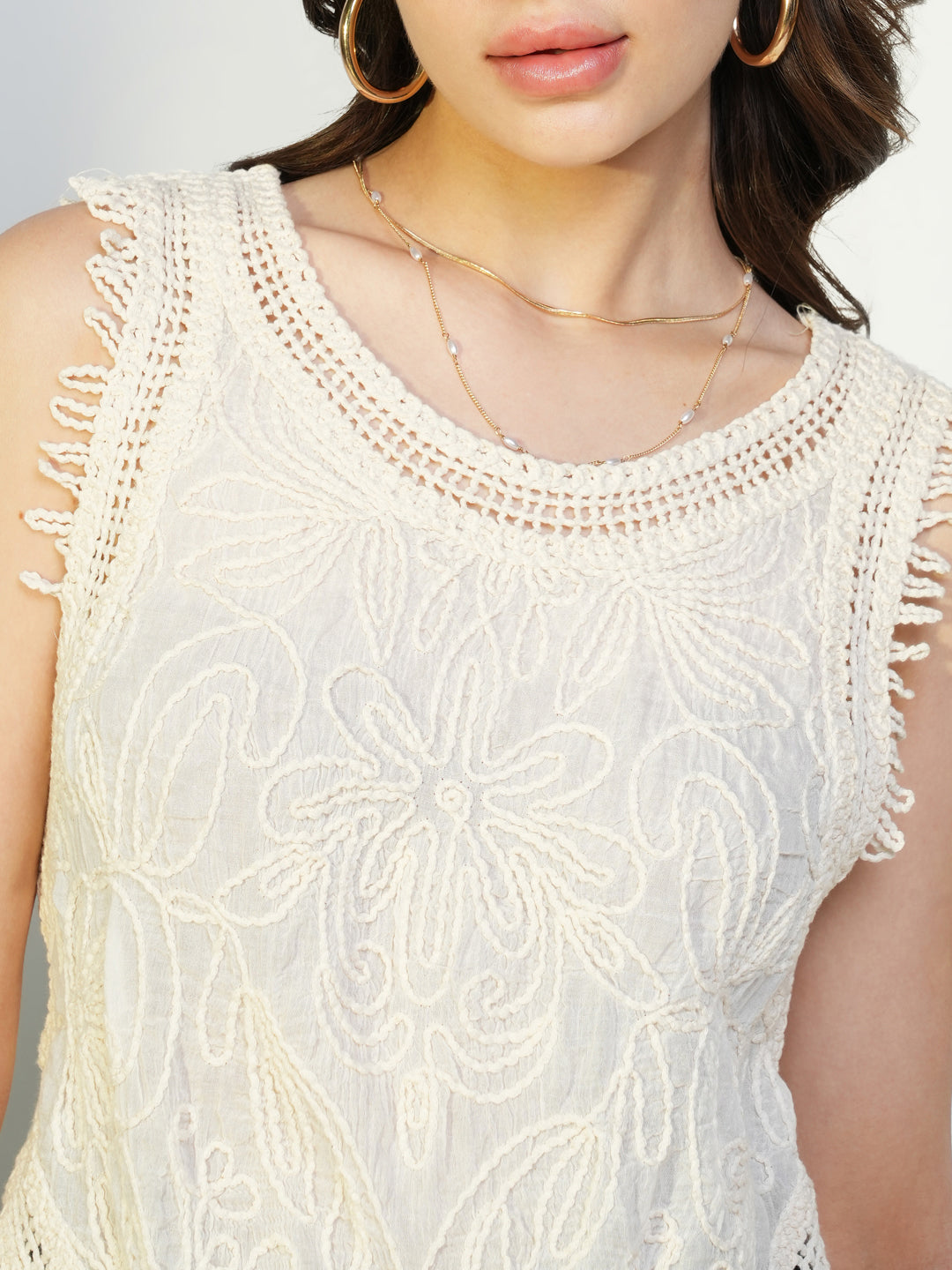 Women's Cream Crochet Sleeveless Top with Fringe Hem