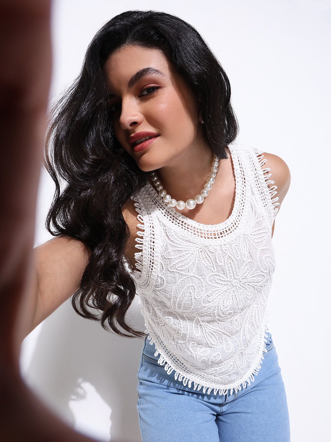 Women's White Crochet Sleeveless Top with Fringe Hem