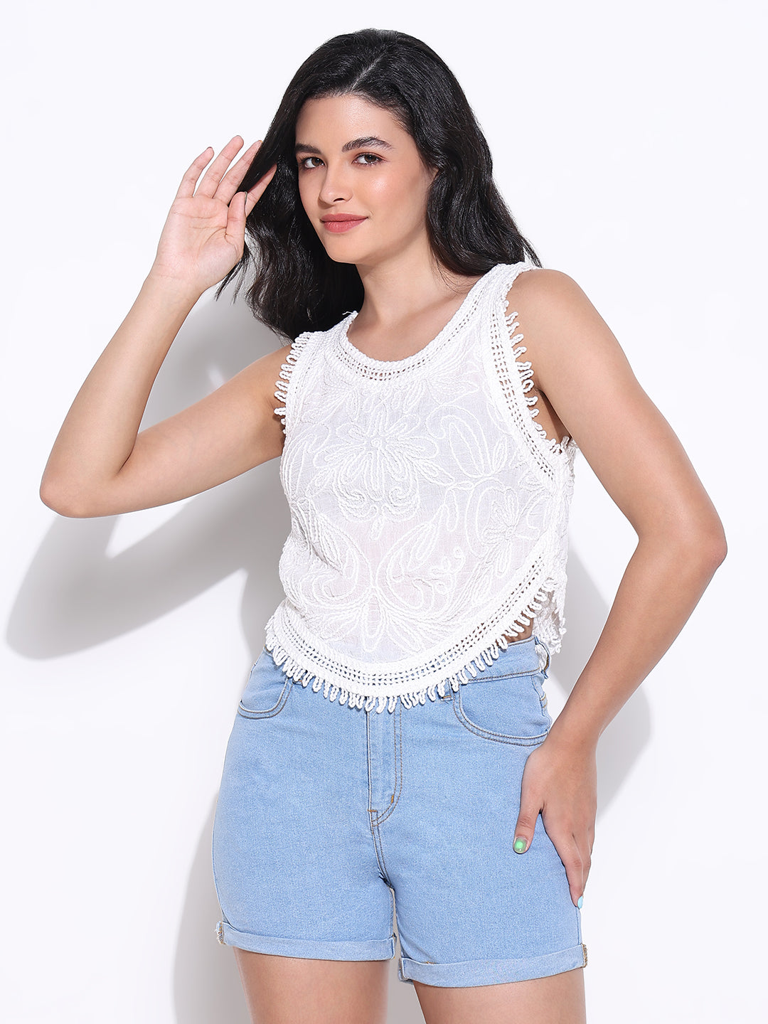 Women's White Crochet Sleeveless Top with Fringe Hem