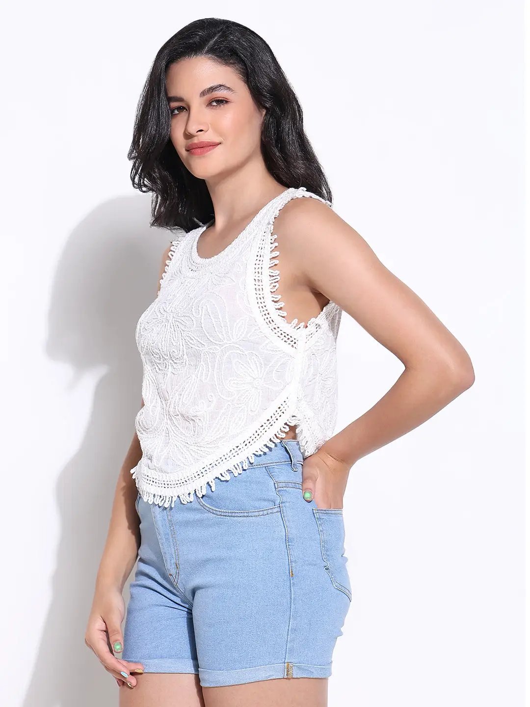 Women's White Crochet Sleeveless Top with Fringe Hem - from SHOWOFFFF