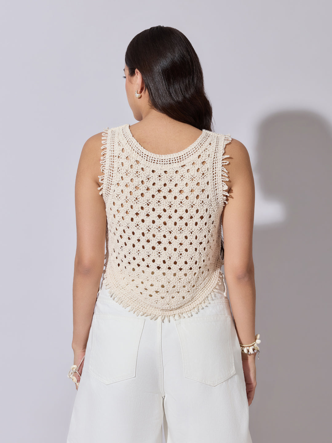 Women's Cream Crochet Sleeveless Top with Fringe Hem