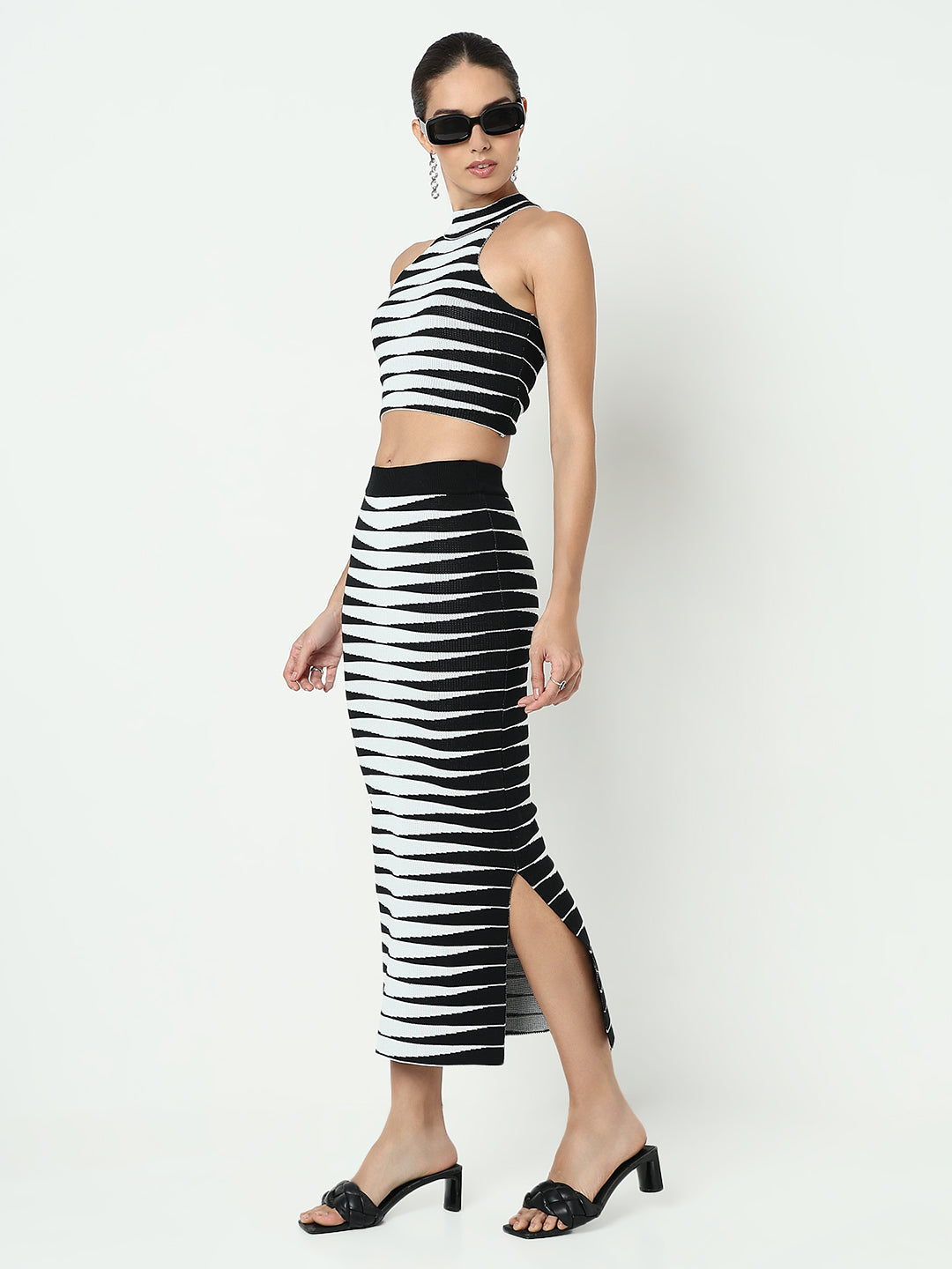 Women's Striped Black & White Top and Skirt Co-Ord Set