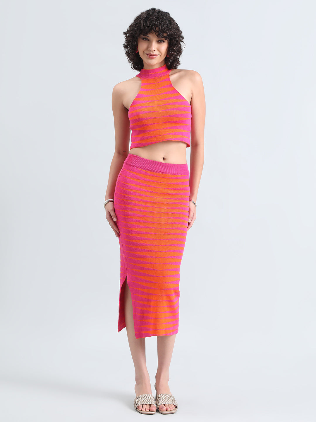 Women's Striped Pink & Orange Top and Skirt Co-Ord Set