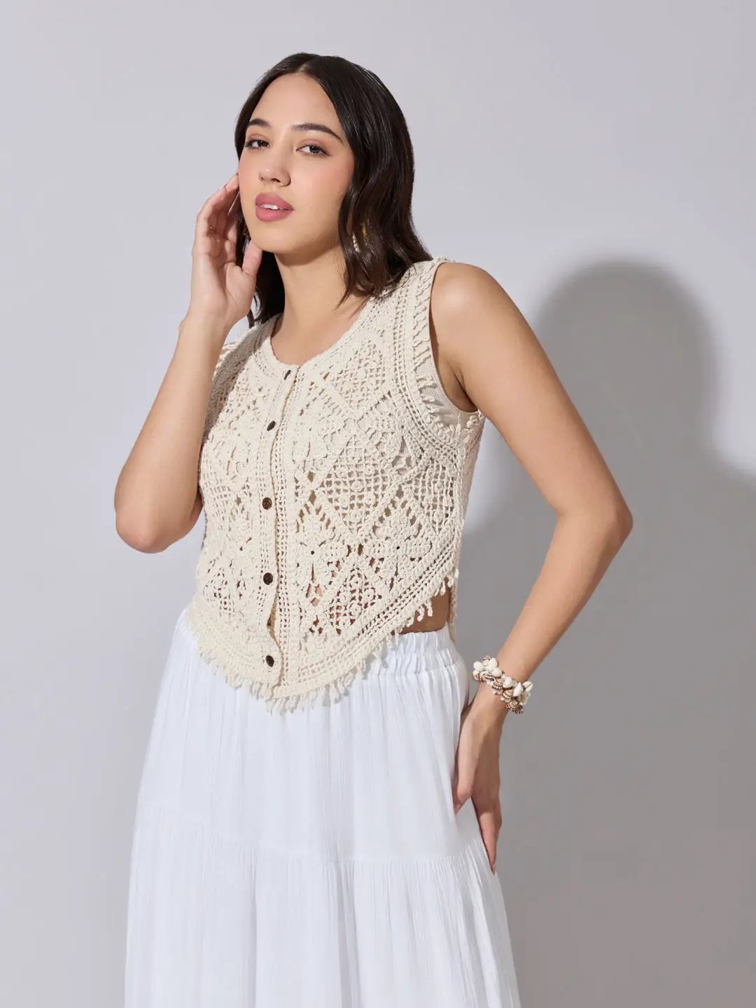 Women's Cream Crochet Button Down Sleeveless Top - from SHOWOFFFF