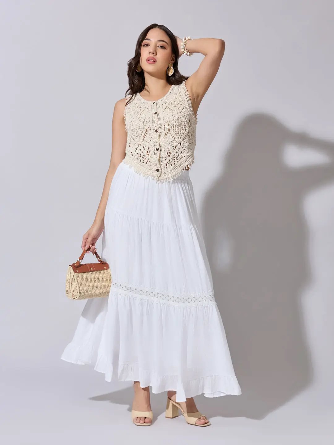 Women's Cream Crochet Button Down Sleeveless Top - from SHOWOFFFF