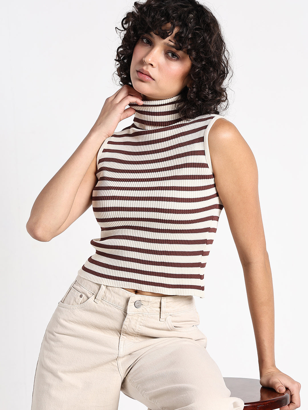 Women's Striped Cream Sleeveless Turtleneck Top