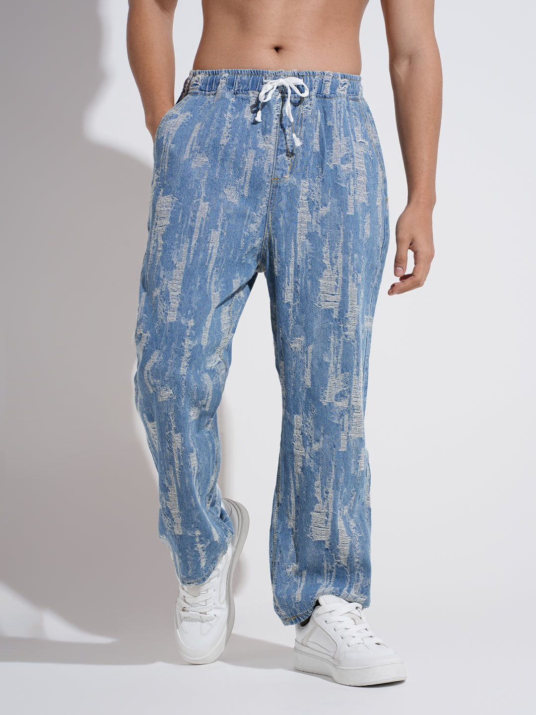 Men's Blue Relaxed Fit Distressed Jeans withElasticated Waist and Drawstring
