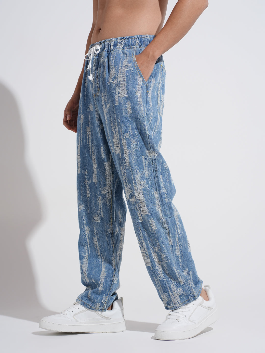 Men's Blue Relaxed Fit Distressed Jeans withElasticated Waist and Drawstring