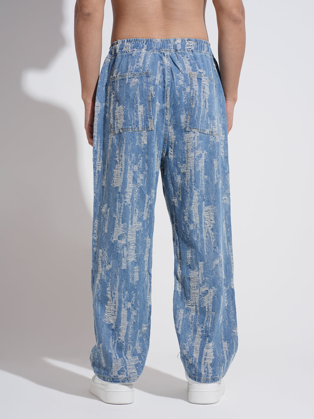 Men's Blue Relaxed Fit Distressed Jeans withElasticated Waist and Drawstring