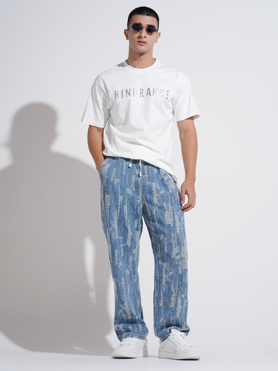 Men's Blue Relaxed Fit Distressed Jeans withElasticated Waist and Drawstring