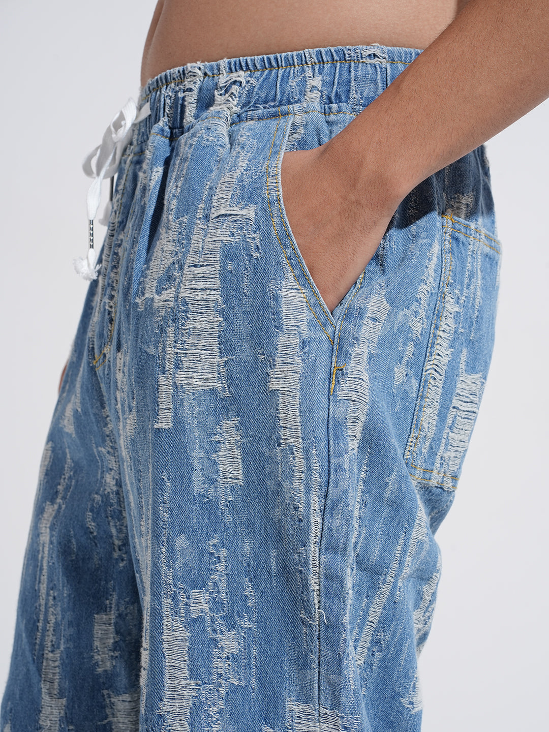 Men's Blue Relaxed Fit Distressed Jeans withElasticated Waist and Drawstring