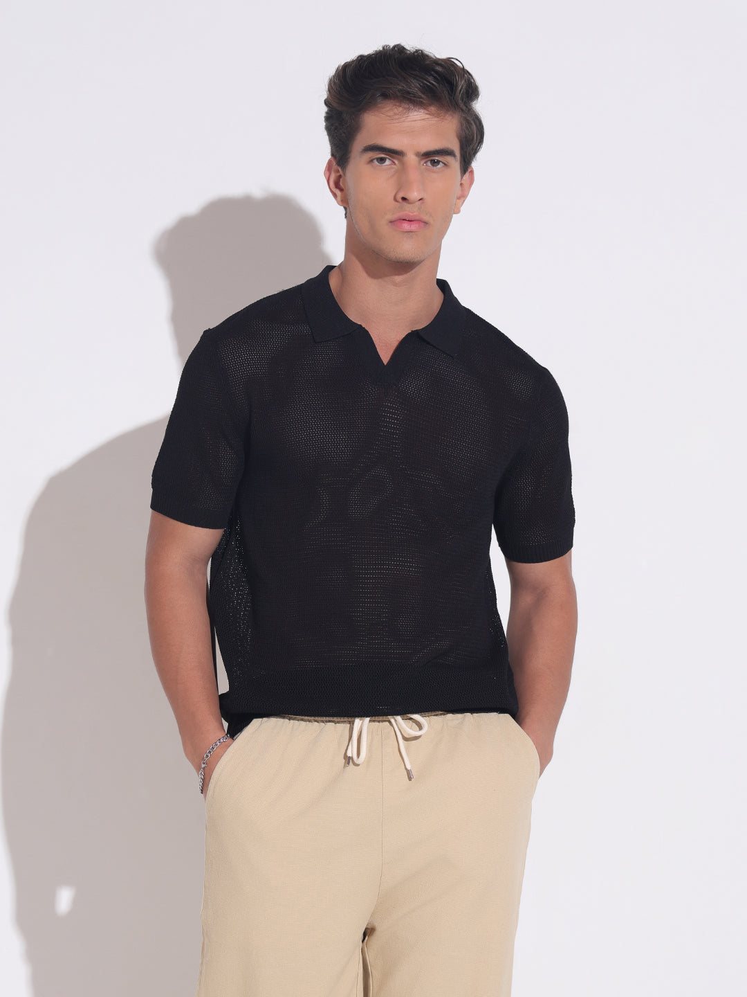 Men's Black Sheer Short Sleeves Polo T-Shirt