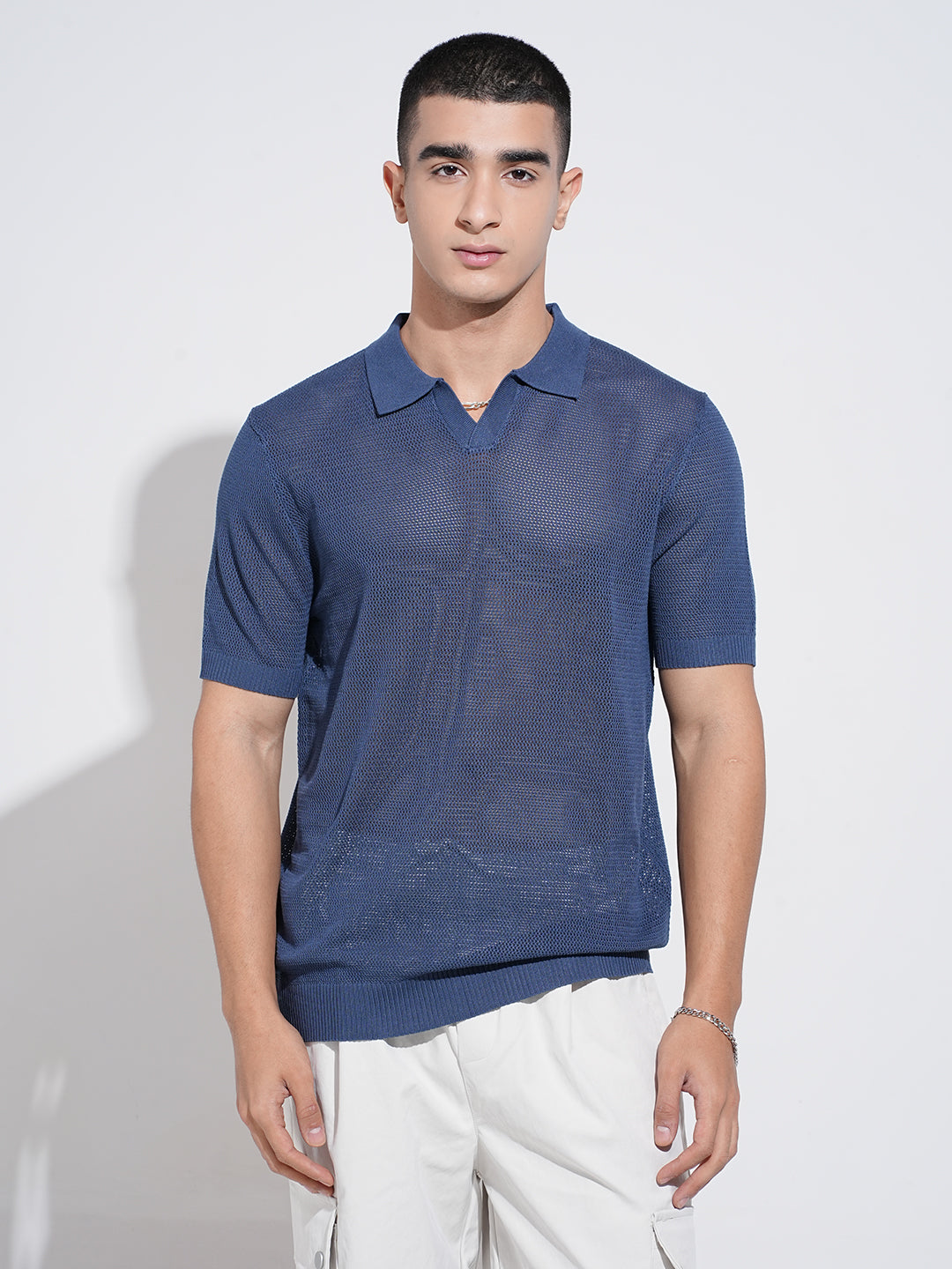 Men's Blue Sheer Short Sleeves Polo Collar Regular Fit Mesh T-Shirt