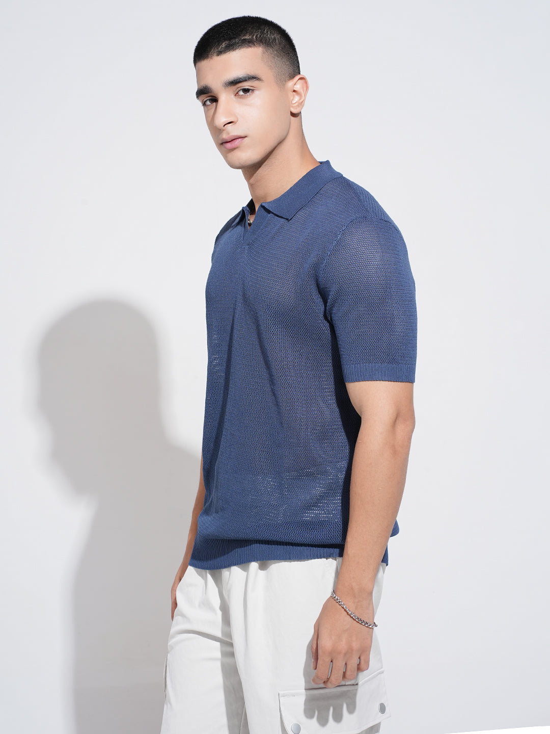 Men's Blue Sheer Short Sleeves Polo Collar Regular Fit Mesh T-Shirt