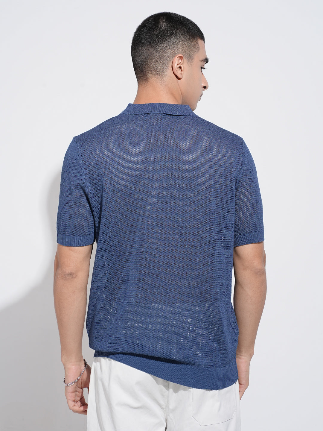 Men's Blue Sheer Short Sleeves Polo Collar Regular Fit Mesh T-Shirt