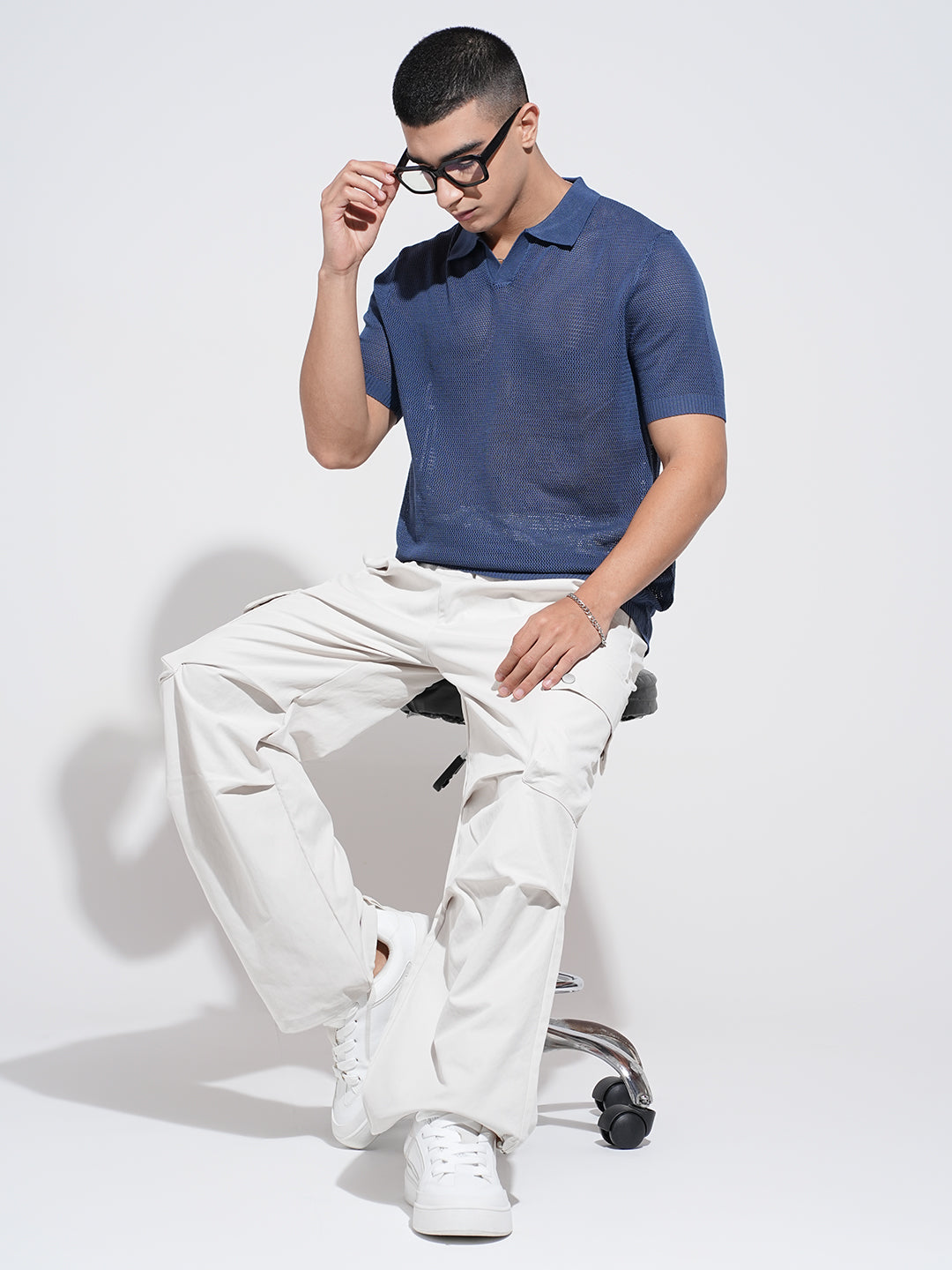 Men's Blue Sheer Short Sleeves Polo Collar Regular Fit Mesh T-Shirt